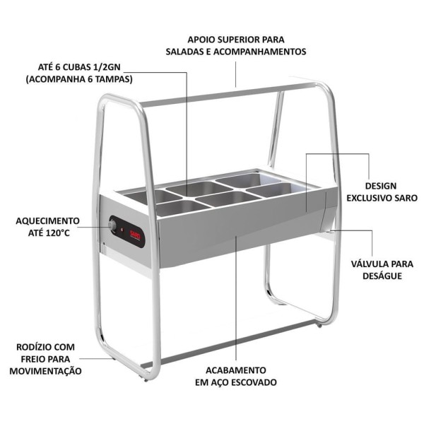 Encontraproduto.com.br - Buffet Térmico Saro 6 Cubas Com Tampa Inox 220v Bf622
