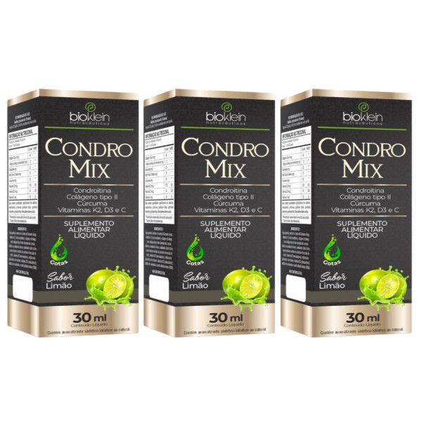 Encontraproduto.com.br - KIT 3X Condro MIX ( Condroitina, Colágeno tipo 2, Cúrcuma e Vitaminas) 30ml - Bioklein Sabor:Limão