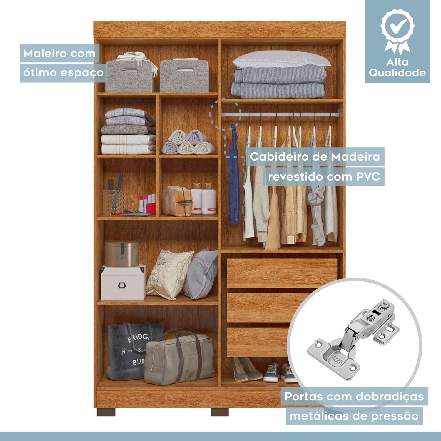 Encontraproduto.com.br - Quarto de Bebê Completo com Guarda-roupa, Berço e Cômoda Lipe Amadeirado/Branco