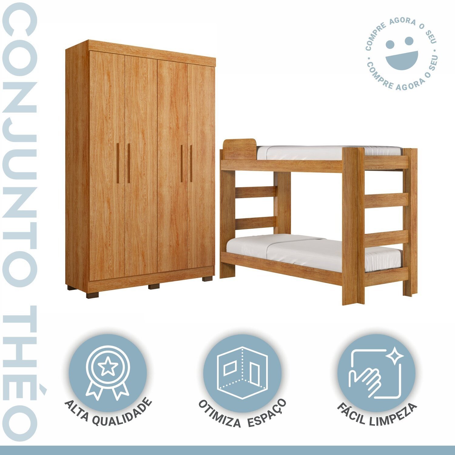 Encontraproduto.com.br - Quarto Infantil Completo Com Guarda-roupa E Beliche Théo Amadeirado