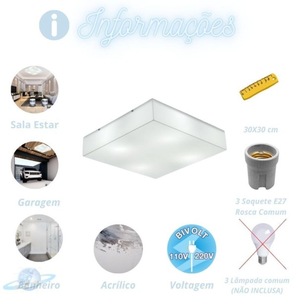 Encontraproduto.com.br - Plafon De Sobrepor Quadrado Luminária Acrílico 30x30 E27
