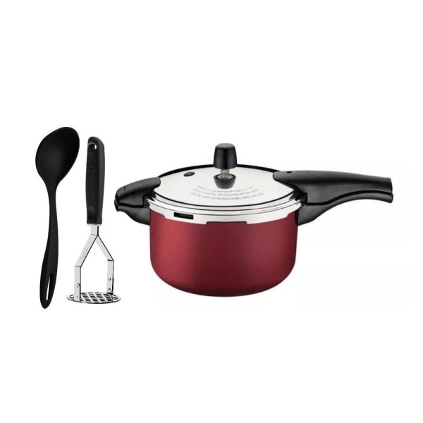 Encontraproduto.com.br - Jogo De Panela De Pressão 6l Vermelha Com Amassador Inox E Concha Tramontina