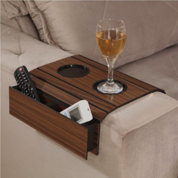 Encontraproduto.com.br - Bandeja Esteira Para Braço De Sofá Cor Mel Com Porta Controle