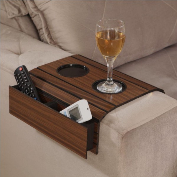 Encontraproduto.com.br - Bandeja Esteira Para Braço De Sofá Cor Mel Com Porta Controle