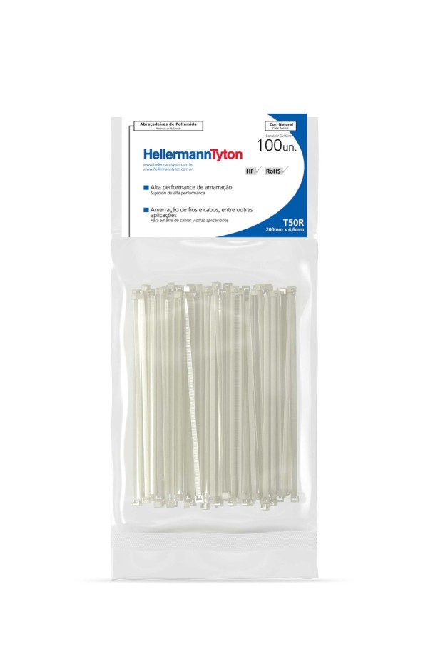 Abraçadeira de Nylon Hellermanntyton T50R Natural 200x4,6mm Pacote com 100 Unidades