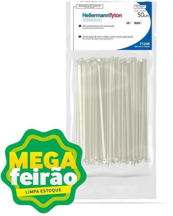 Abraçadeira de Nylon Hellermanntyton T120R Natural 390x7,6mm Cartela com 50 Unidades