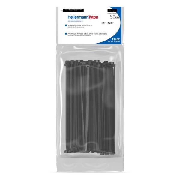 Abraçadeira de Nylon Hellermanntyton T120R Preto 390x7,6mm Pacote com 50 Unidades