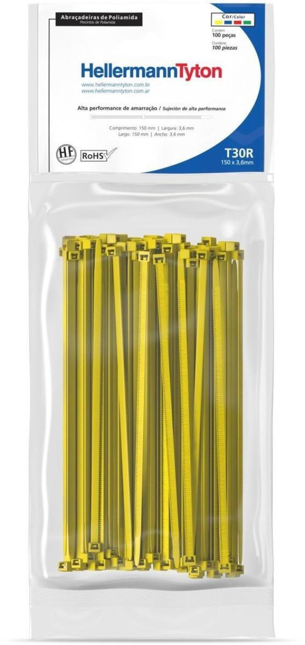 Abraçadeira de Nylon Hellermanntyton T30R Amarelo 150x3,6mm Pacote com 100 Unidades