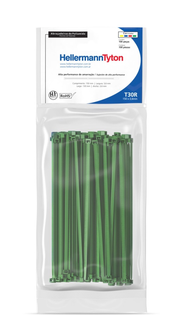 Abraçadeira de Nylon Hellermanntyton T30R Verde 150x3,6mm Pacote com 100 Unidades