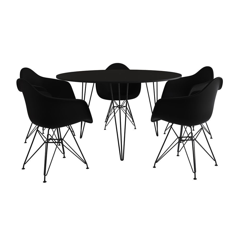 Encontraproduto.com.br - Mesa Jantar Redonda 110cm Preta Clips Com 5 Poltronas Eames