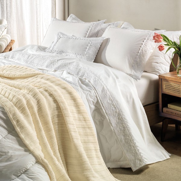 Encontraproduto.com.br - Jogo de Cama King com Almofada 200 Fios 100% Algodão Antônia Branco/Branco