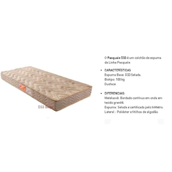Encontraproduto.com.br - Colchão Solteiro Espuma D33 Pasquale Clean (78x188x18) - Paropas