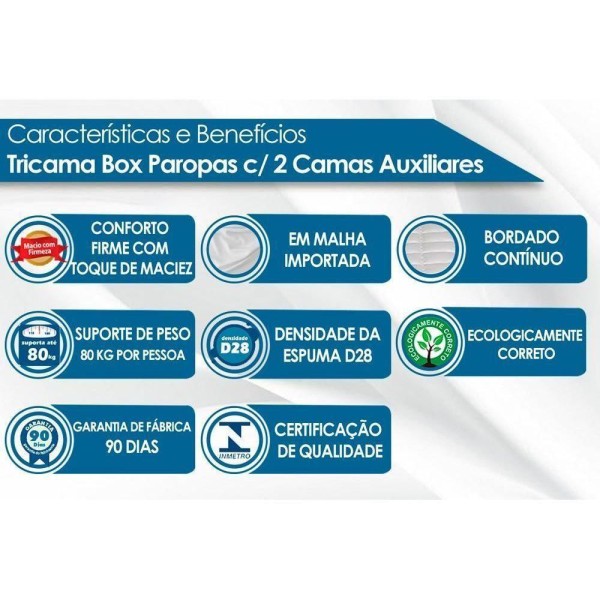 Encontraproduto.com.br - Cama Box Base C/2 Auxiliares Solteiro Universal Rústico Bordado White (88x188x32) - Paropas