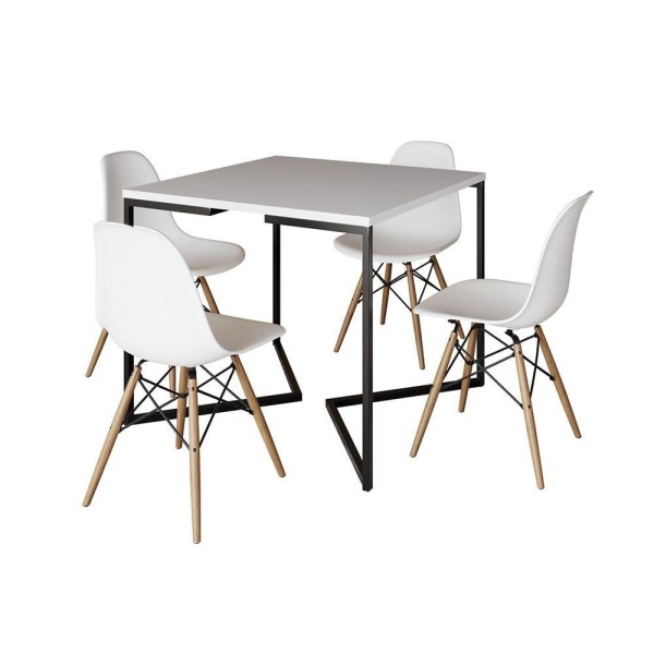 Encontraproduto.com.br - Mesa Jantar Industrial Branca Quadrada 90X90 Base V Ferro Preto Com 4 Cadeiras Brancas Cor: Branco