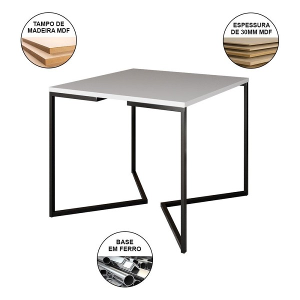 Encontraproduto.com.br - Mesa Jantar Industrial Branca Quadrada 90X90 Base V Ferro Preto Com 4 Cadeiras Brancas Cor: Branco