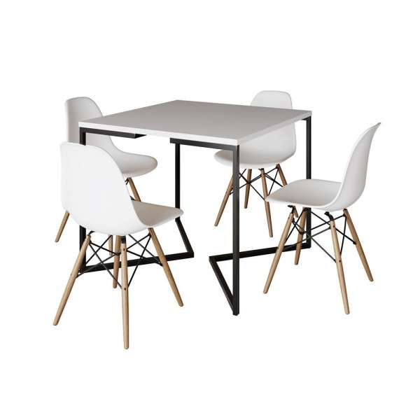 Encontraproduto.com.br - Mesa Jantar Industrial Branca Quadrada 90X90 Base V Ferro Preto Com 4 Cadeiras Brancas Cor: Branco
