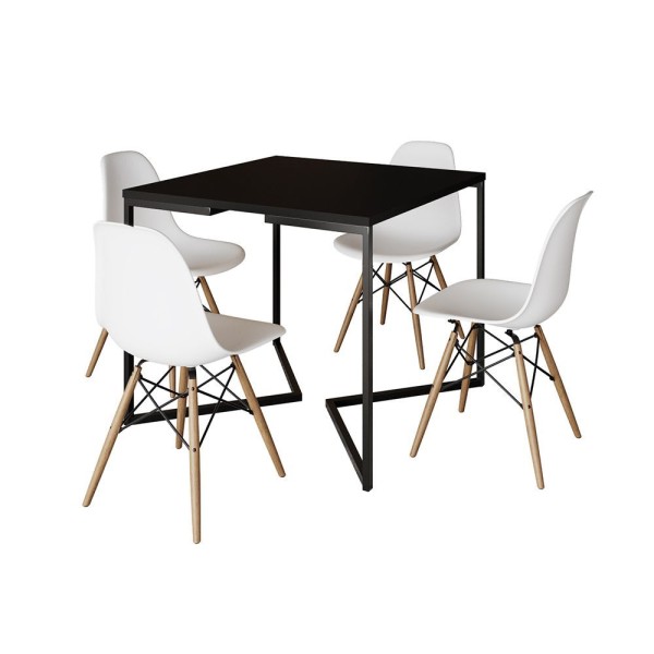 Encontraproduto.com.br - Mesa Jantar Industrial Preta Quadrada 90X90 Base V Ferro Preto Com 4 Cadeiras Brancas M Cor: Preto