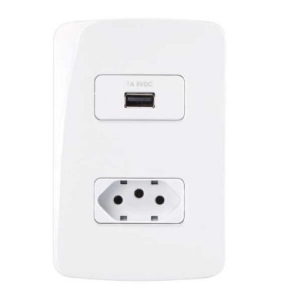 Encontraproduto.com.br - Conjunto Uma Tomada 10A 2p+T Mais Uma Tomada Carregador USB 1A 5VDC Branco Alto brilho Sleek Margirius