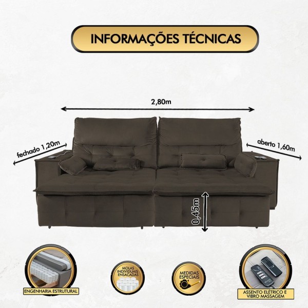 Encontraproduto.com.br - Sofá Fusion 2.80m Elétrico Com Usb E Vibro Massagem - Marrom