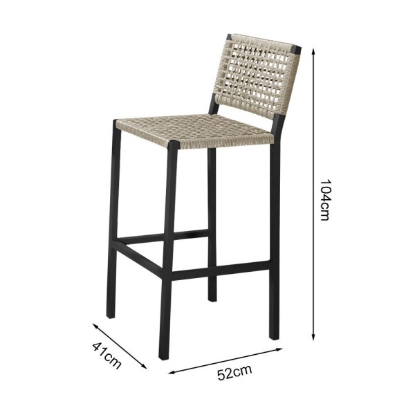 Encontraproduto.com.br - Kit 6 Banquetas Alta Em Corda Náutica Rami E Alumínio Preto Agnes Ideal Para Área Externa - Bege