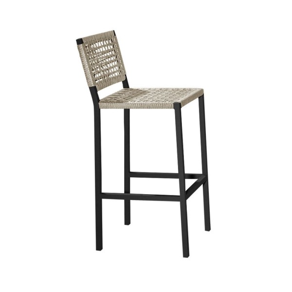 Encontraproduto.com.br - Kit 6 Banquetas Alta Em Corda Náutica Rami E Alumínio Preto Agnes Ideal Para Área Externa - Bege