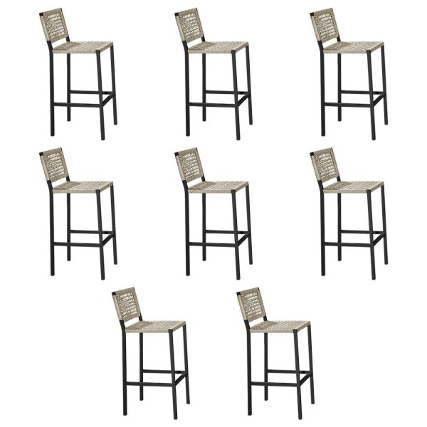 Encontraproduto.com.br - Kit 8 Banquetas Alta Em Corda Náutica Rami E Alumínio Preto Agnes Ideal Para Área Externa - Bege