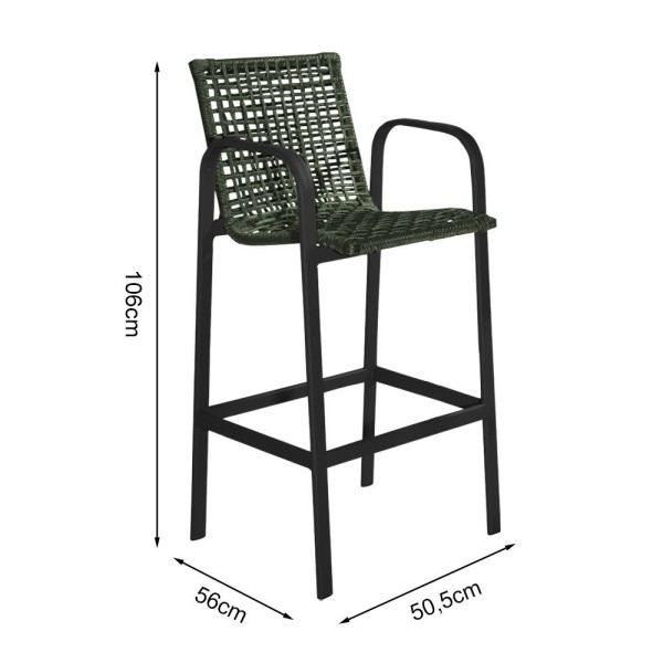 Encontraproduto.com.br - Kit 8 Banquetas Alta Em Corda Náutica Verde E Alumínio Preto Genova Ideal Para Área Externa - Verde