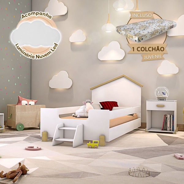 Encontraproduto.com.br - Cama De Criança Infantil Com Colchão E Escadinha Juvenil Ayla Branca E Natural Acompanha Luminária Branco