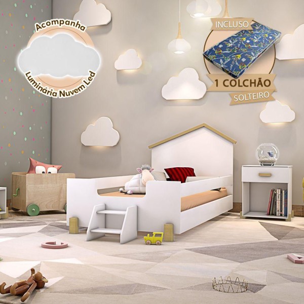 Cama De Criança Infantil Com Colchão E Escadinha Solteiro Branca E Natural + Luminária Led Branco
