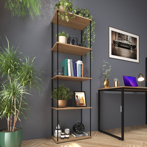 Encontraproduto.com.br - Estante Metal com Madeira Livreiro | Cor: Preto e Laminado | Mod: Colombo