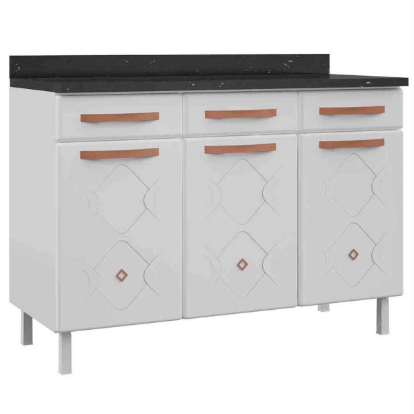 Encontraproduto.com.br - Balcão de Cozinha Telasul Mirage New Triplo Com Tampo 3 Portas 3 Gavetas Branco