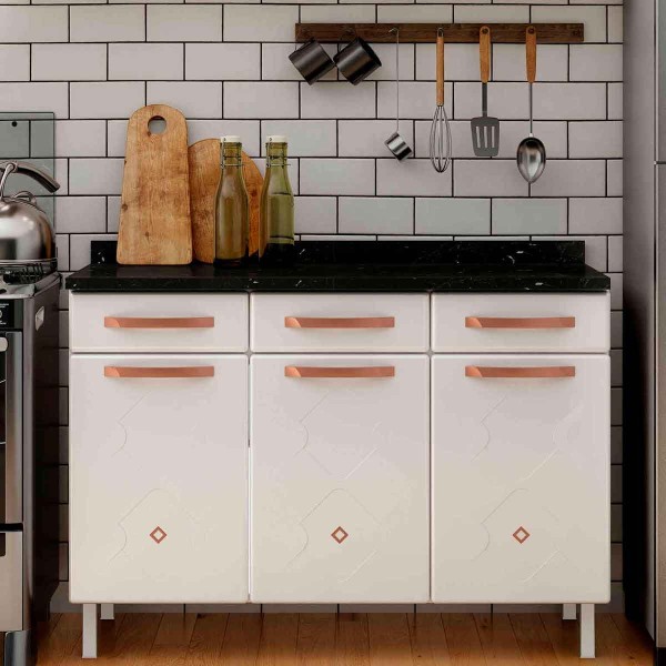 Encontraproduto.com.br - Balcão de Cozinha Telasul Mirage New Triplo Com Tampo 3 Portas 3 Gavetas Branco