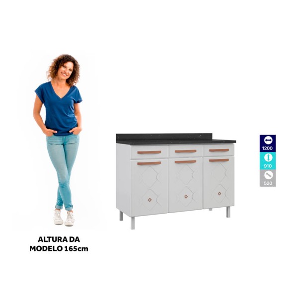 Encontraproduto.com.br - Balcão de Cozinha Telasul Mirage New Triplo Com Tampo 3 Portas 3 Gavetas Branco