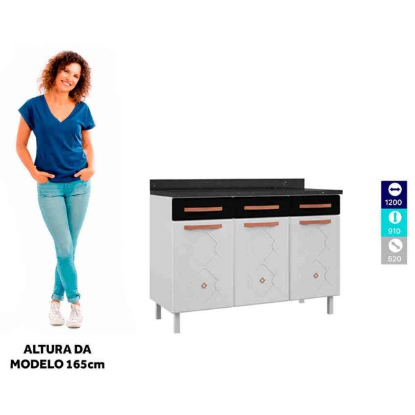 Encontraproduto.com.br - Balcão de Cozinha Telasul Mirage New Triplo Com Tampo 3 Portas 3 Gavetas Branco