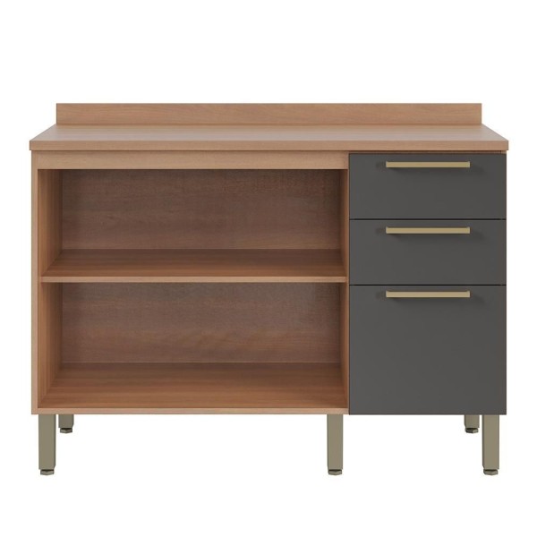 Encontraproduto.com.br - Balcão Gabinete Beatriz 120cm Com Tampo 2 Portas 3 Gavetas Freijó E Grafite
