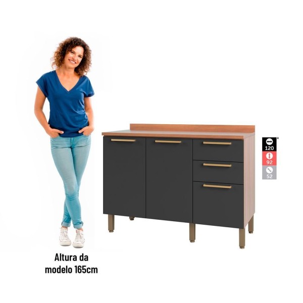 Encontraproduto.com.br - Balcão Gabinete Beatriz 120cm Com Tampo 2 Portas 3 Gavetas Freijó E Grafite