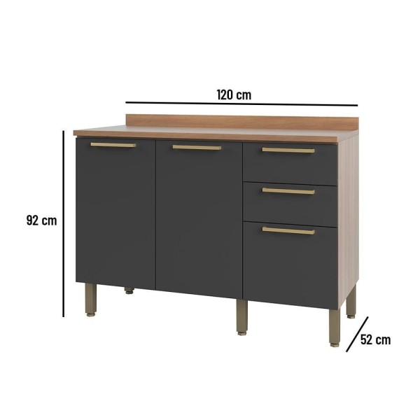Encontraproduto.com.br - Balcão Gabinete Beatriz 120cm Com Tampo 2 Portas 3 Gavetas Freijó E Grafite