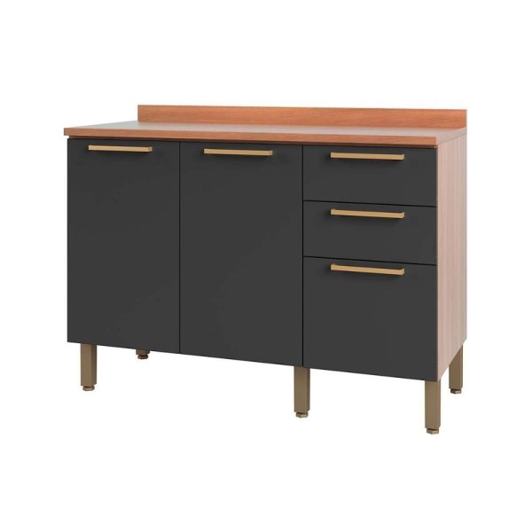 Encontraproduto.com.br - Balcão Gabinete Beatriz 120cm Com Tampo 2 Portas 3 Gavetas Freijó E Grafite