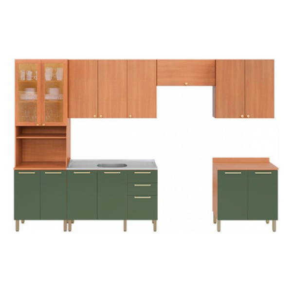 Encontraproduto.com.br - Cozinha Completa Thela Sálvia 6 Peças Com Paneleiro de Vidro