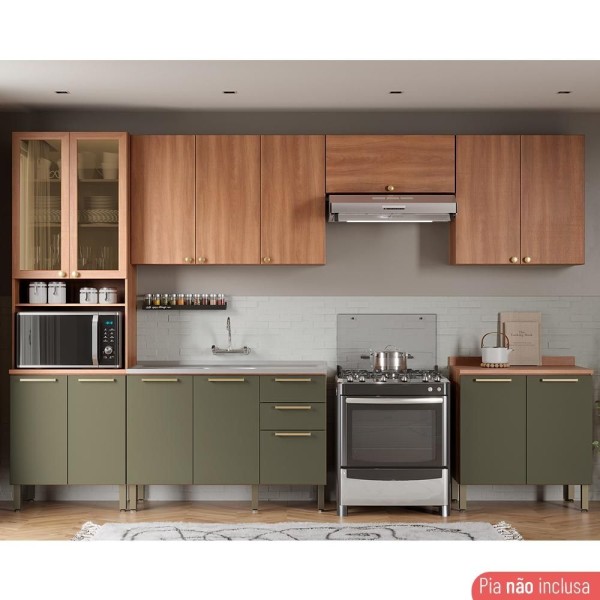 Encontraproduto.com.br - Cozinha Completa Thela Sálvia 6 Peças Com Paneleiro de Vidro