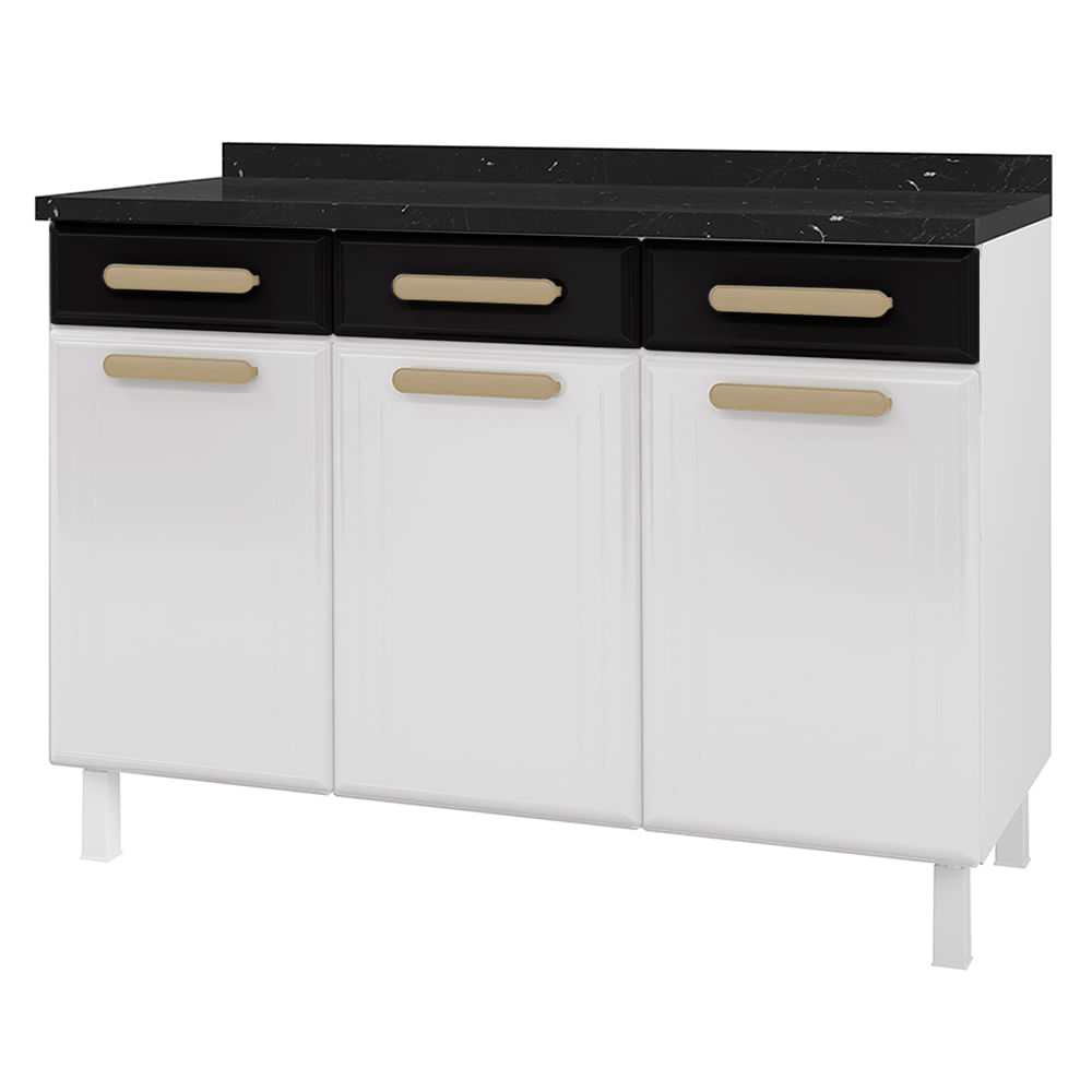 Balcão de Cozinha Ágata 3 Portas e 3 Gavetas com Tampo 817108 Telasul - Branco com Preto