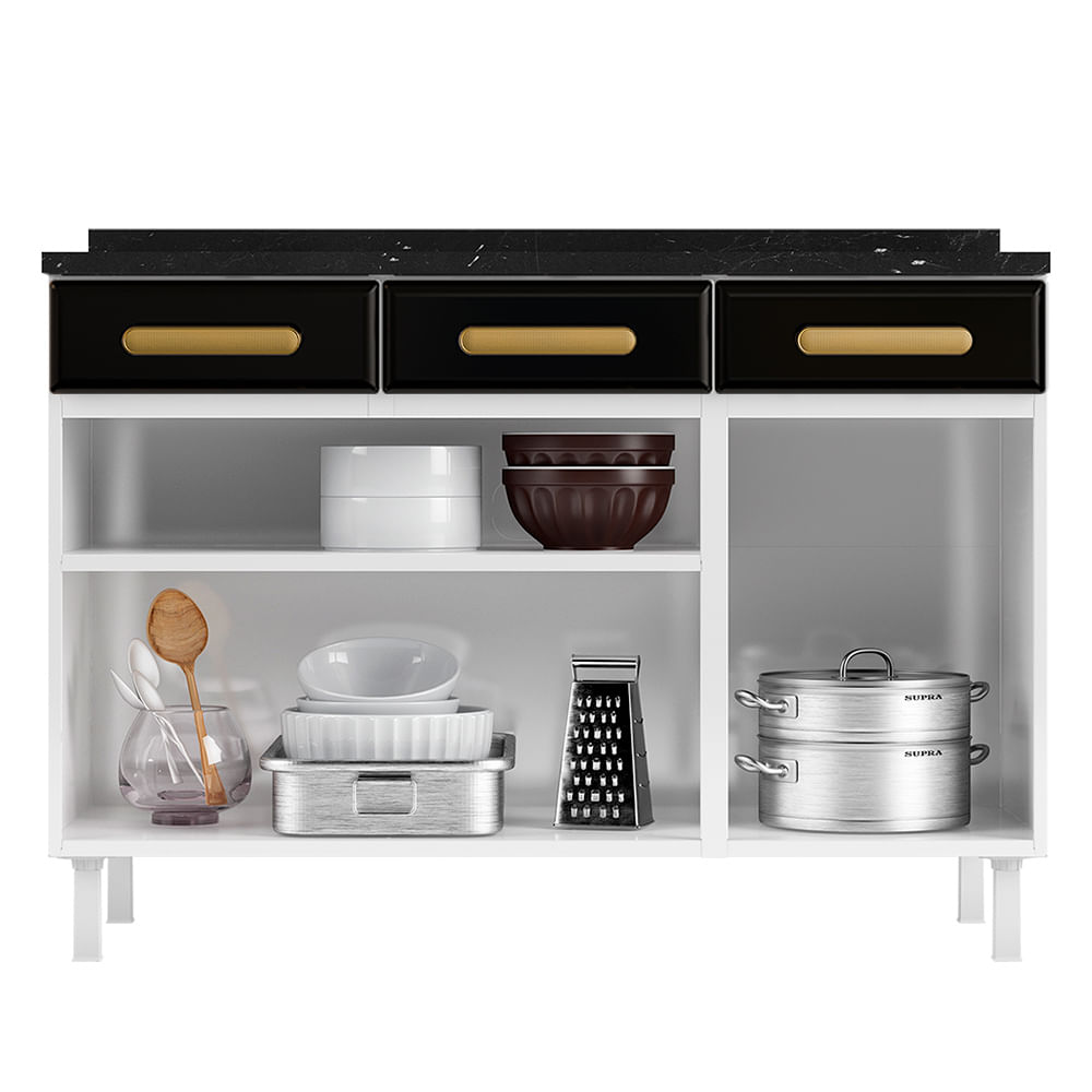 Encontraproduto.com.br - Balcão de Cozinha Ágata 3 Portas e 3 Gavetas com Tampo 817108 Telasul - Branco com Preto