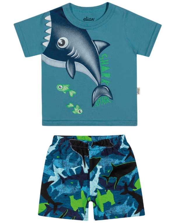 Encontraproduto.com.br - Conjunto Elian Infantil Menino Verão com Estampa Tubarão e Peixinhos 1/3 - 201047