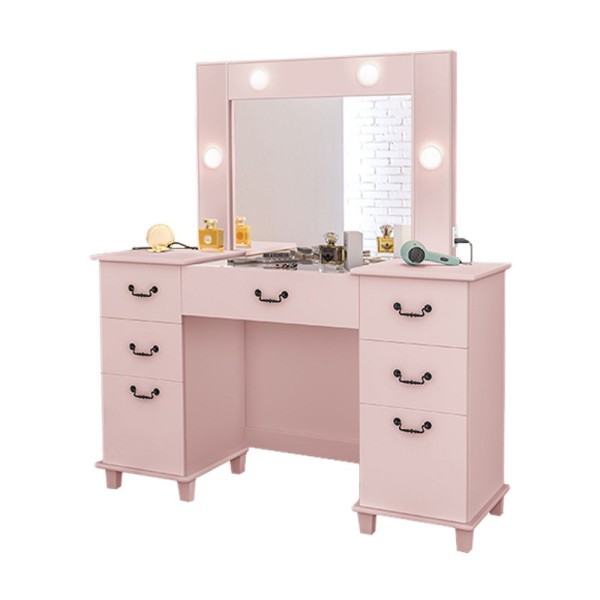 Encontraproduto.com.br - Penteadeira Seul Camarim Com 6 Gavetas E Porta Joias E Maquiagem Com Tampo De Vidro - Rose