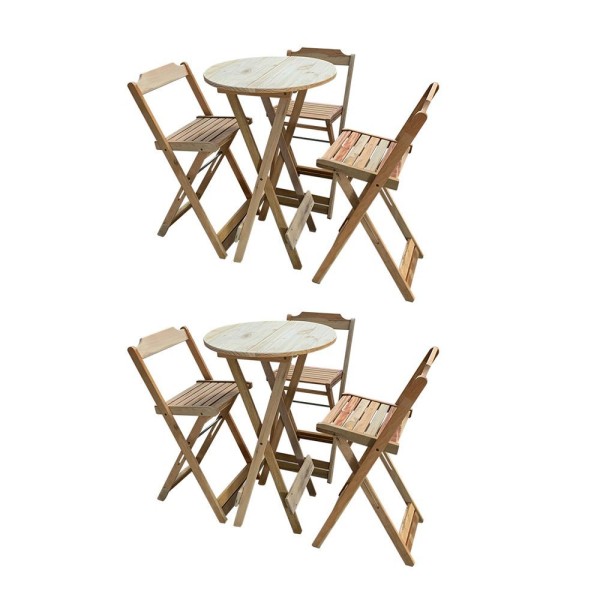 Encontraproduto.com.br - Kit 2 Jogos De Mesas Bistrô De Madeira Dobrável Com 3 Banquetas - Crua