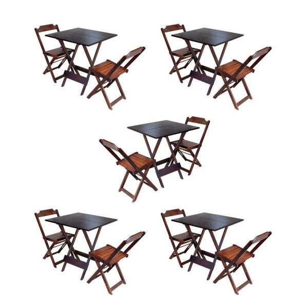 Encontraproduto.com.br - Kit 5 Jogos De Mesa Dobravel Com 2 Cadeiras De Madeira 70X70 Para Restaurante E Bar - Imbuia
