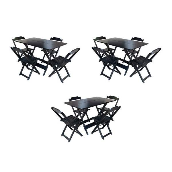 Encontraproduto.com.br - Kit 3 Conjuntos De Mesa Dobravel Com 4 Cadeiras De Madeira 120X70 Para Restaurante E Bar - Preto