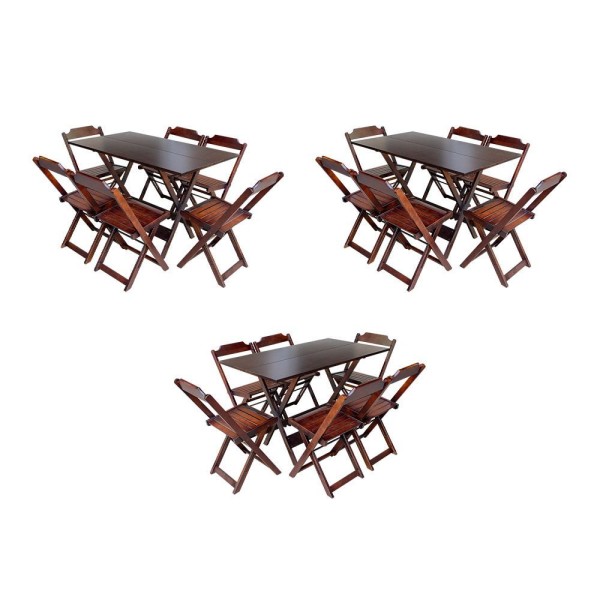 Encontraproduto.com.br - Kit 3 Conjuntos De Mesa Dobravel Com 6 Cadeiras De Madeira 120X70 Para Restaurante E Bar - Imbuia
