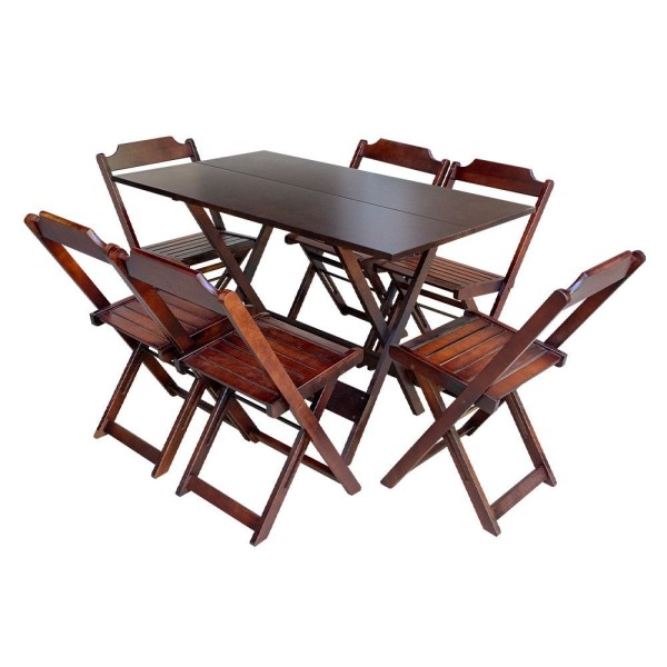 Encontraproduto.com.br - Kit 3 Conjuntos De Mesa Dobravel Com 6 Cadeiras De Madeira 120X70 Para Restaurante E Bar - Imbuia