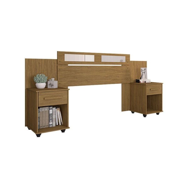 Encontraproduto.com.br - Cabeceira De Solteiro Casal Extensível Jade Com 2 Mesas De Cabeceira - Amêndoa - Cor: Marrom